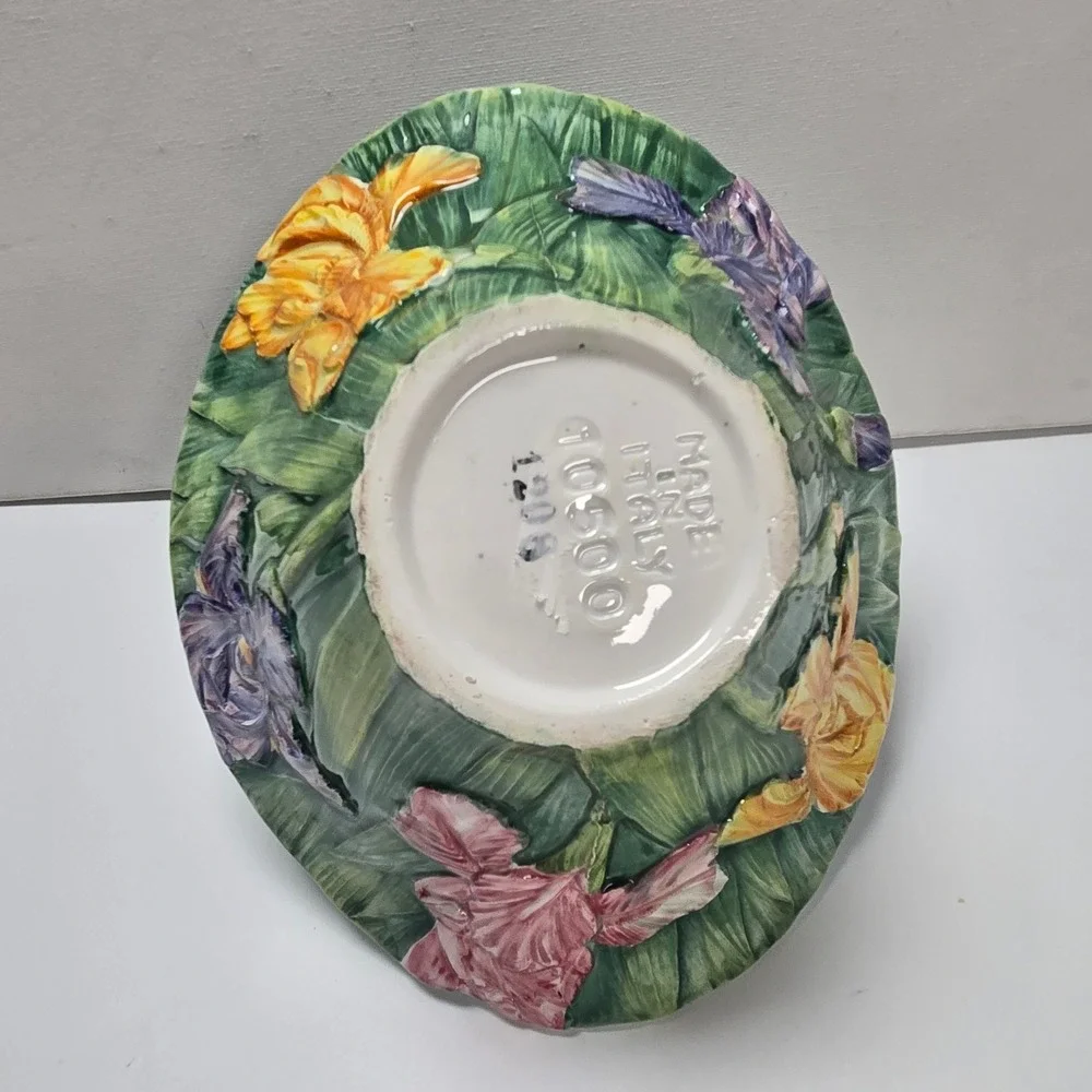 Majolica Iris Basket Made in Italy Ceramic Basket Floral Iris Branch Vintage VTG